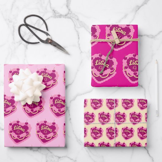 天秤座〔占星術の〕十二宮図コケットハートお誕生日ケーキ ラッピングペーパーシート (正面)