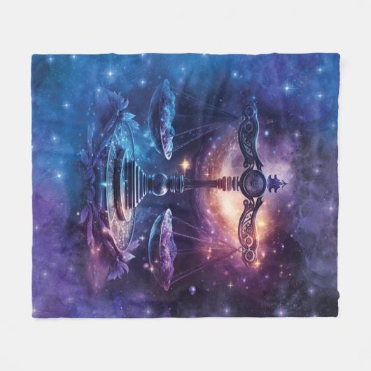 天秤座〔占星術の〕十二宮図サインウォーター色デザイン フリースブランケット (正面(横))