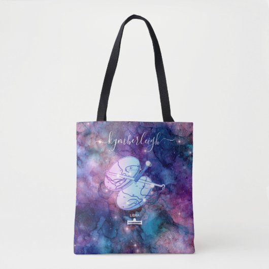 天秤座〔占星術の〕十二宮図サイン宇宙モノグラム名ピンクブルー トートバッグ (正面)