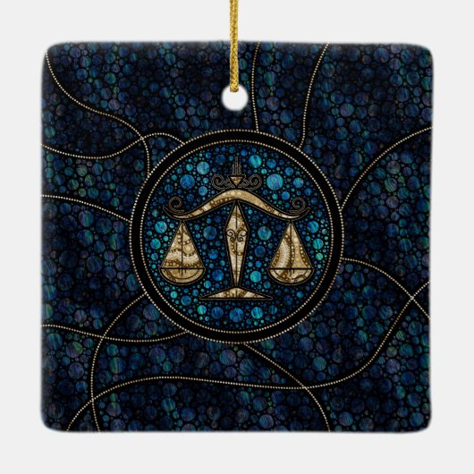 天秤座〔占星術の〕十二宮図ドットアートスタイルアバロン金ゴールド セラミックオーナメント (裏面)