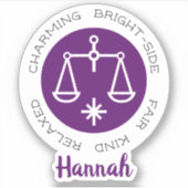 天秤座〔占星術の〕十二宮図星印の特徴パープルステッカー シール (正面)