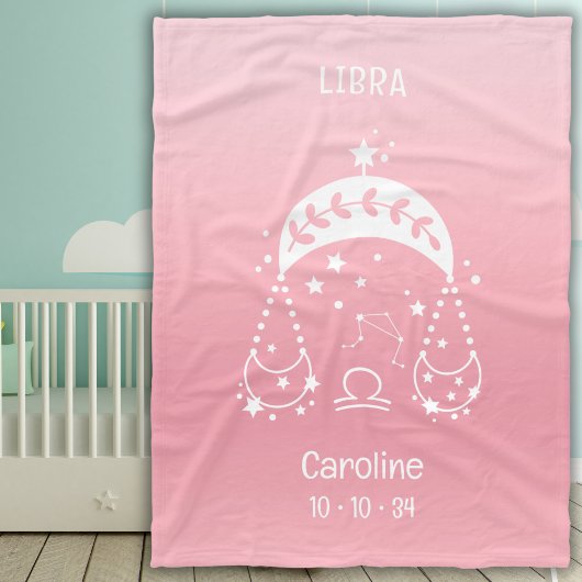 天秤座〔占星術の〕十二宮図星名誕生日ピンクベビー フリースブランケット