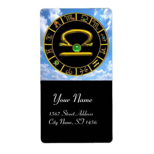 天秤座〔占星術の〕十二宮図誕生日ジュエルグリーンエメラルド金ゴールド ラベル (正面)