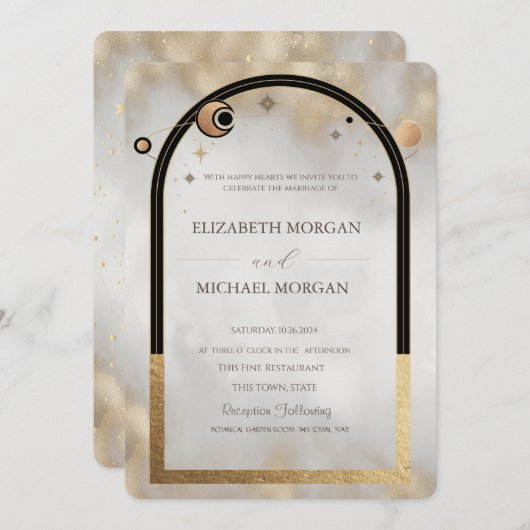 天空のゴールド太陽と月の銀河のウェディング 招待状 (正面/裏面)