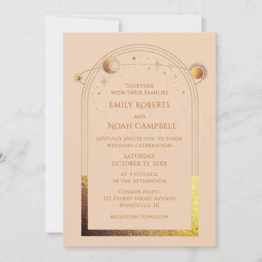 天空のシャンパンエレガント金ゴールド結婚写真 招待状 (正面)