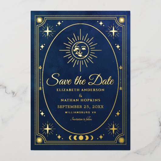 天空のタロット結婚の写真日付を保存 箔招待状 (正面)