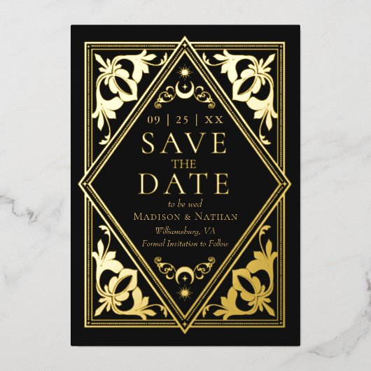 天空のタロット結婚ゴシックの写真日付を保存 箔招待状 (正面)