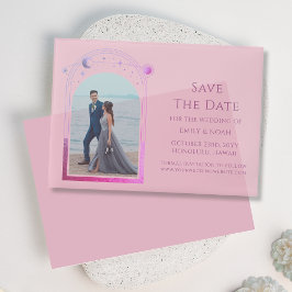 天空のピンク紫の写真結婚式の日付を保存 ベラム紙招待状