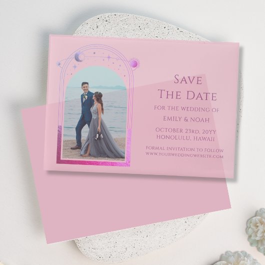 天空のピンク紫の写真結婚式の日付を保存 ベラム紙招待状