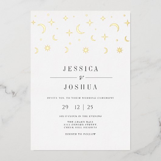 天空のミニマル星の月エレガント神秘的 箔招待状 (正面)