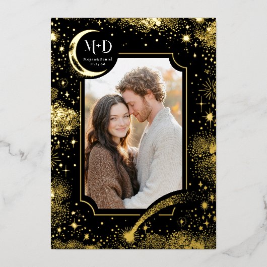 天空のロマンチックな星空結婚の夜の写真 箔招待状 (正面)