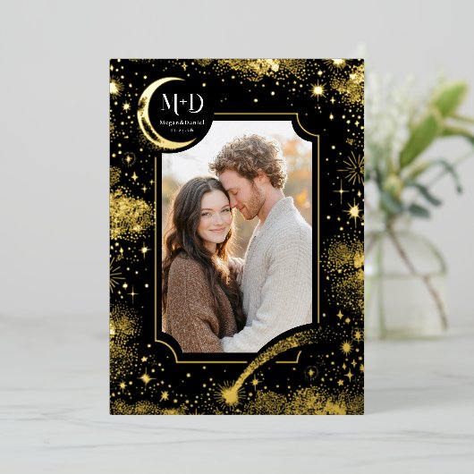 天空のロマンチックな星空結婚の夜の写真 箔招待状 (立ち正面)