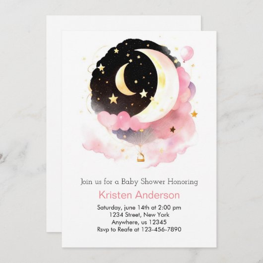 天空の夢の地ピンクの女の子の赤ちゃんシャワー 招待状 (正面/裏面)