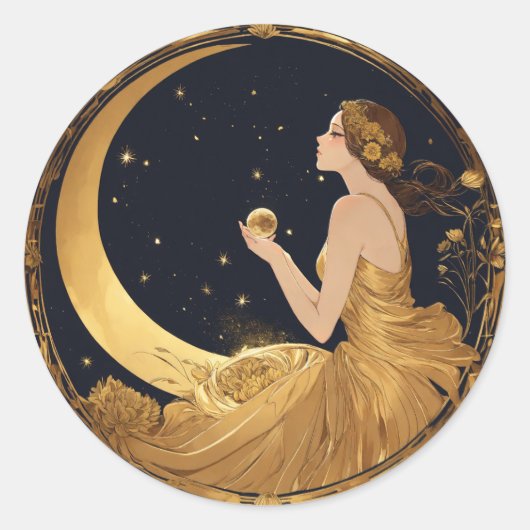 天空の夢：ミニマルな月と星の壁D ラウンドシール (正面)