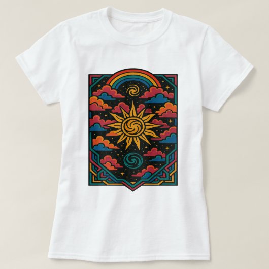 天空の夢 – レトロサン&レインボータロットアート Tシャツ (デザイン正面)