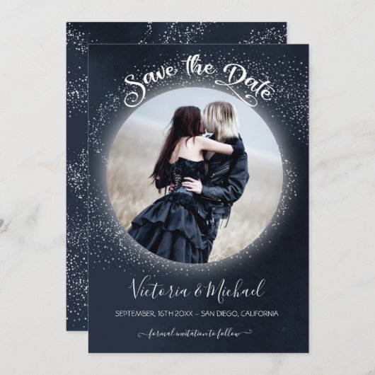 天空の満月と星の写真の保存日付 招待状 (正面/裏面)
