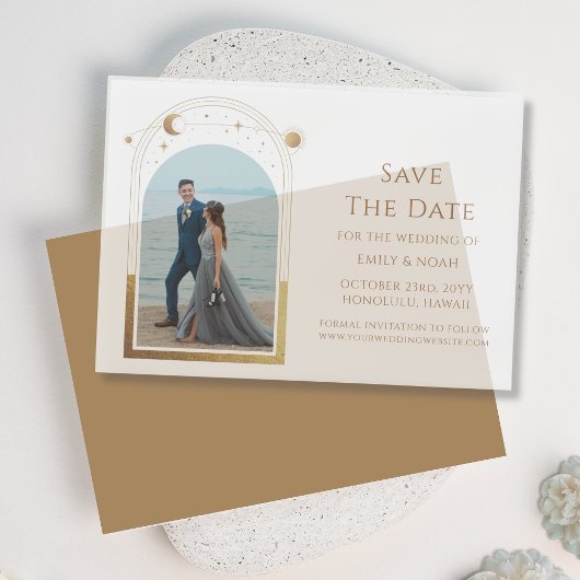天空の白い金ゴールド写真の結婚式の日付を保存 ベラム紙招待状