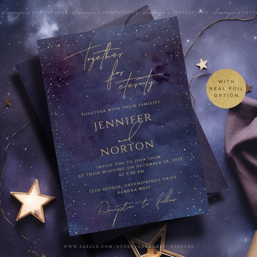 天空の紫金ゴールド銀河系スターズスターリーナイト 箔招待状