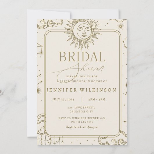 天空の魔法の神秘的なムーンスターブライダルシャワー 招待状 (正面)