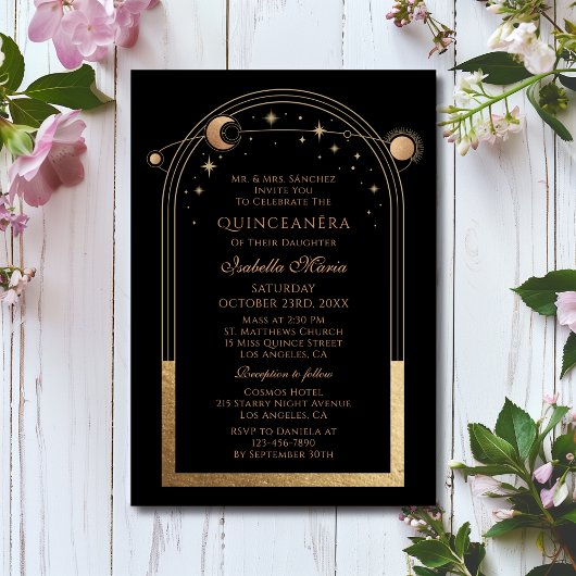 天空の黒金ゴールドサンムーンスターズQuinceanera 招待状