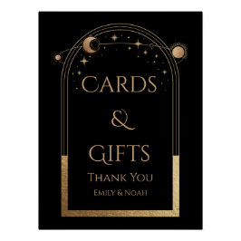 天空の黒金ゴールド太陽の月の星のカードとギフト ポスター