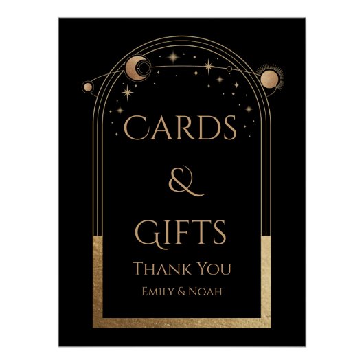 天空の黒金ゴールド太陽の月の星のカードとギフト ポスター (正面)