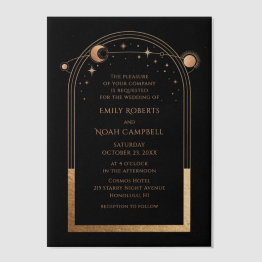 天空の黒金ゴールド太陽の月結婚天文学 ベラム紙招待状 (正面)