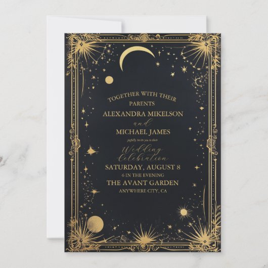 天空の黒金ゴールド太陽の月結婚天文学 招待状 (正面)