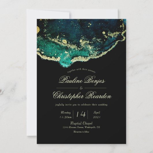 天空エメラルドブラック金ゴールドインク結婚ウォッシュ 招待状 (正面)