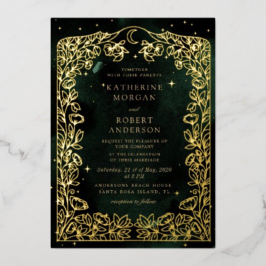 天空エメラルド金ゴールドムーン結婚リーフ 箔招待状 (正面)