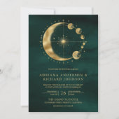 天空エメラルド金ゴールド三日月結婚相 招待状 (正面)