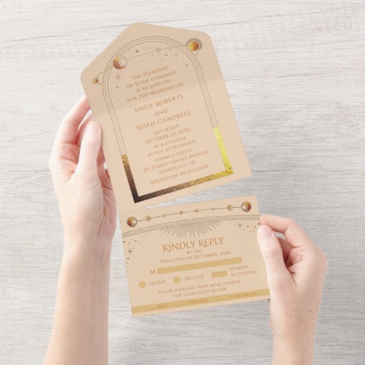 天空シャンパン金ゴールドサンムーンスターズ結婚ズ オールインワン招待状 (貼ってはがせる)