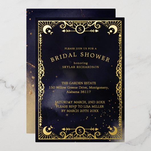 天空タロットカードサン&ムーンネイビーブライダルシャワー 箔招待状 (正面/裏面)