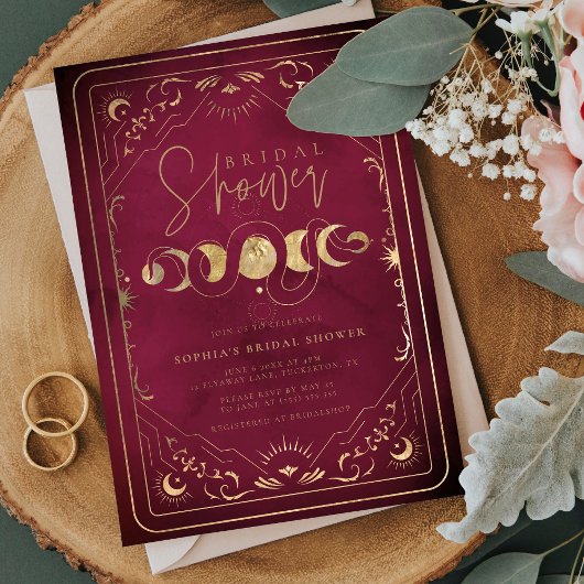 天空タロットクリムゾンレッド&金ゴールドブライダルシャワー 招待状