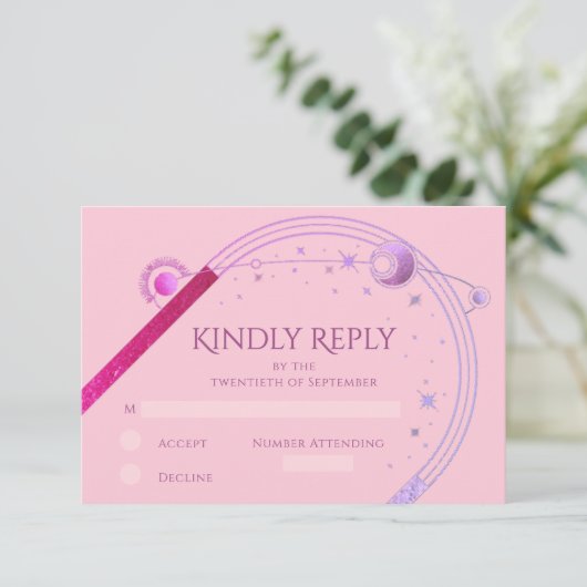 天空ピンク紫の太陽の月の結婚星 出欠カード (スタンド正面)