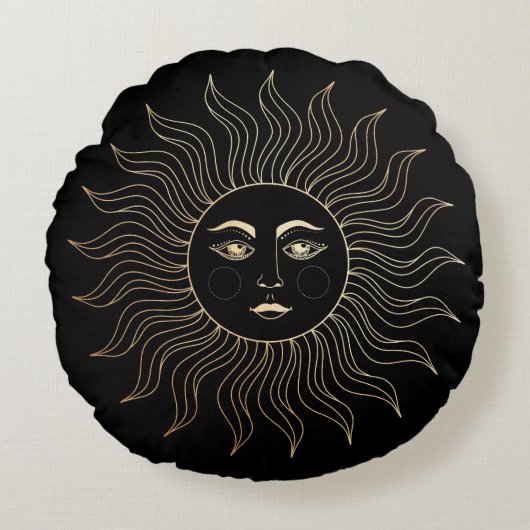 天空フェイク金ゴールド太陽ヴィンテージ黒 ラウンドクッション (正面)