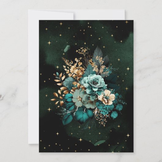 天空フローラティール(緑がかった色)スターズ結婚ムーン 招待状 (裏面)