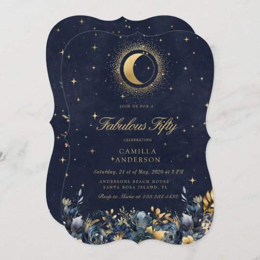 天空フローラブルースターズムーン誕生日 招待状 (正面/裏面)