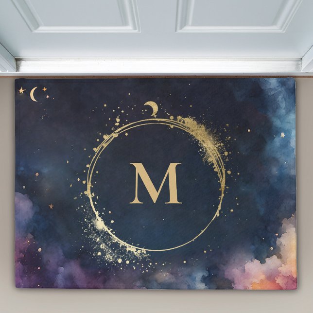 天空モノグラムブルー金ゴールド銀河系スカイプラネタイズ ドアマット (elestial galaxy personalized midnight blue space doormat custom monogram gift)
