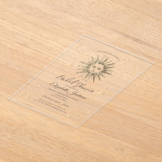 天空金ゴールドサン、スターズネイビーブルーブライダルシャワー アクリル招待状 (レイダウン)