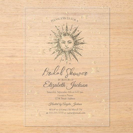 天空金ゴールドサン、スターズネイビーブルーブライダルシャワー アクリル招待状 (正面)