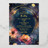 天空金ゴールドムーンスターズフローラエレガントな結婚式 箔招待状 (正面)