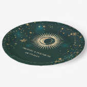 天空金ゴールド太陽と月の星の緑 ペーパープレート (アングル)