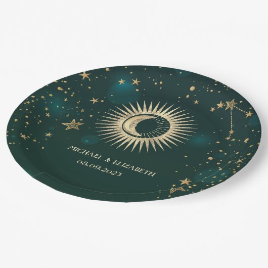 天空金ゴールド太陽と月の星の緑 ペーパープレート (アングル)