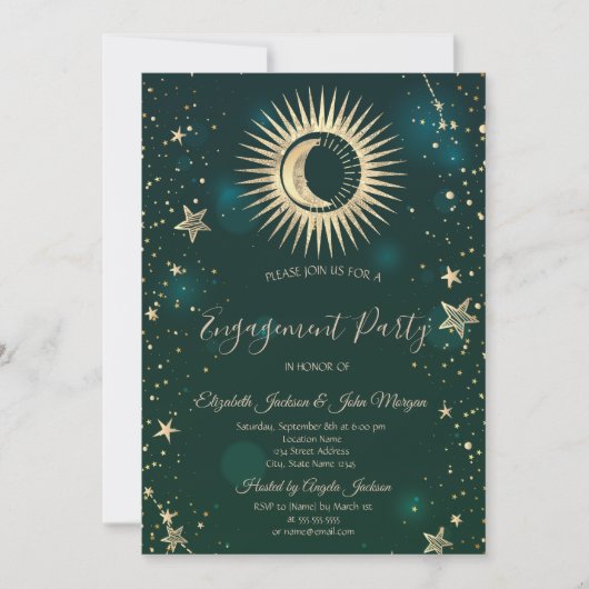 天空金ゴールド太陽と月の星の緑 招待状 (正面)