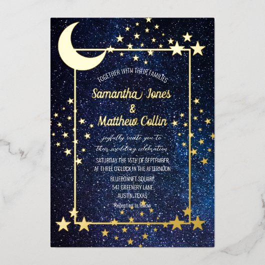 天空銀河系コスモムーンスカイゴールドフォイル結婚ズ 箔招待状 (正面)