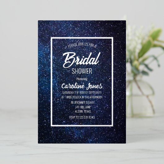 天空銀河系スカイフレームゴールドフォイルブライダルシャワー 箔招待状 (立ち正面)