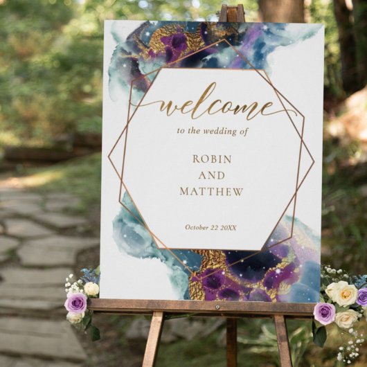 天空銀河系ブルーティール（緑がかった色）パープルウェルカムサイン ポスター