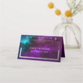 天紫ティール(緑がかった色)シルバーサンムーンスター結婚ズ プレイスカード (裏面)