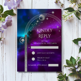 天紫ティール（緑がかった色）シルバーサンムーンスター結婚ズ 出欠カード